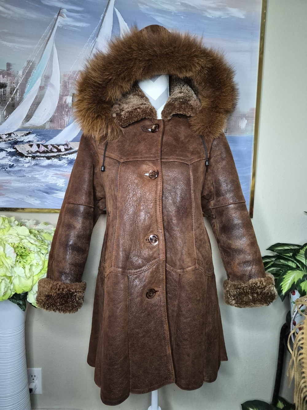 Vintage Brown Shearling Teddy Coat with Fur-Trimmed Hood